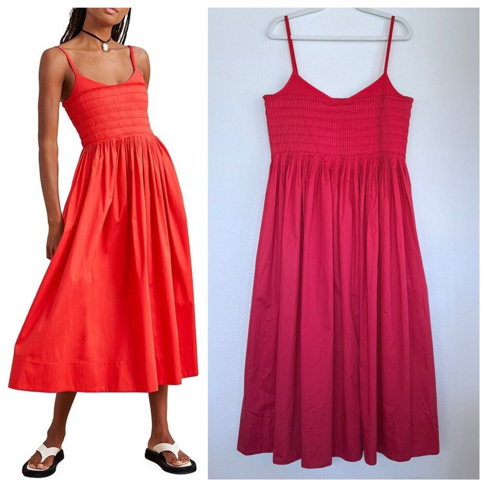 NWT La Ligne Devon Pleated Poplin Stretch Knit Bodice Midi Dress in Poppy Red XL